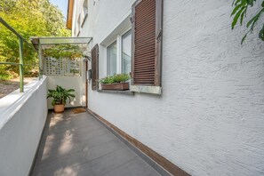A narrow corridor with a potted plant and a wall-mounted information board.