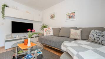 Ein modernes Wohnzimmer mit einem Flachbildfernseher, einem Sofa, einem Couchtisch mit Zeitschriften und dekorativen Kissen.