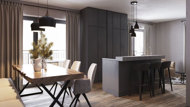 A modern kitchen with a central island, bar stools, and pendant lighting. - Apartment in Berwang with Ski-In/Ski-Out (Berwang)