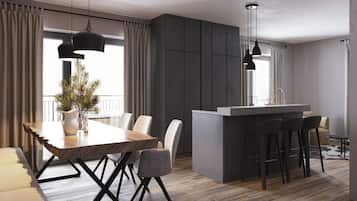 A modern kitchen with a central island, bar stools, and pendant lighting.