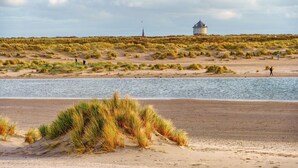 Una playa con dunas de arena y una masa de agua.