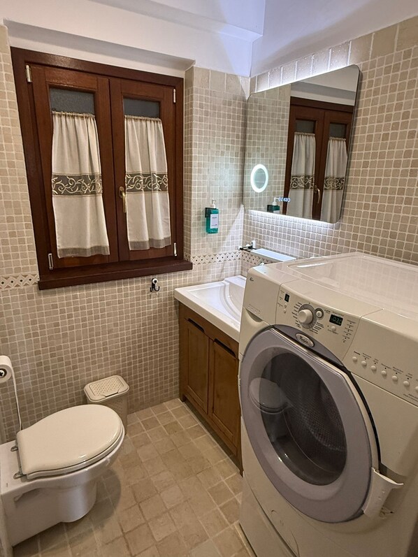 Shower, jetted bath, hair dryer, bidet