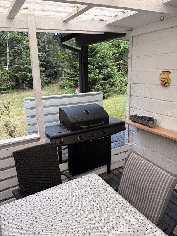 Eine überdachte Terrasse mit Grill, Sitzgelegenheiten und Blick auf ein bewaldetes Gebiet.