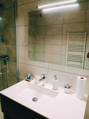Douche, serviettes fournies, savon, papier de toilette