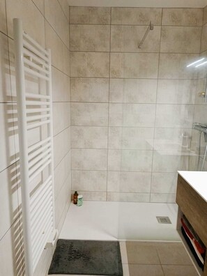 Shower, towels, soap, toilet paper