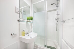 Shower, towels, soap, toilet paper
