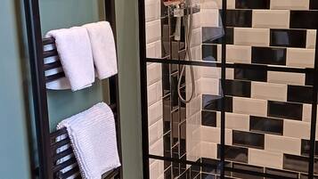 Shower, hair dryer, towels, soap