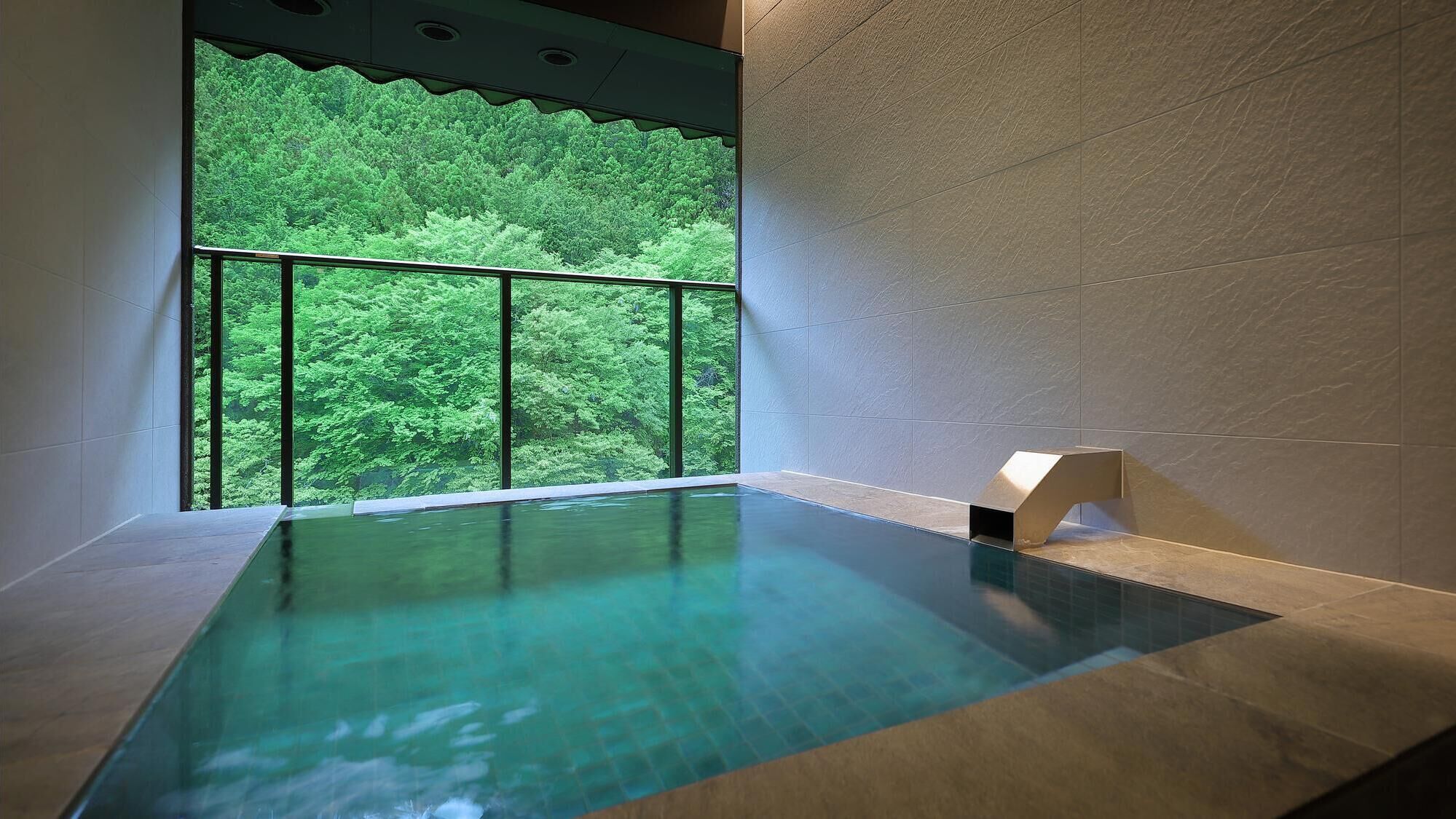 A modern indoor swimming pool with a view of a dense forest through large windows.