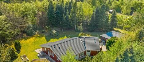 A modern house with a sloped roof, surrounded by dense forest.
