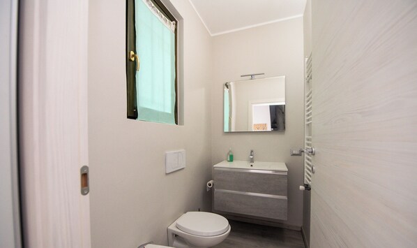 A small bathroom with a toilet, sink, and mirror.