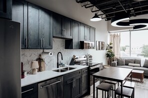 Fridge, microwave, oven, stovetop