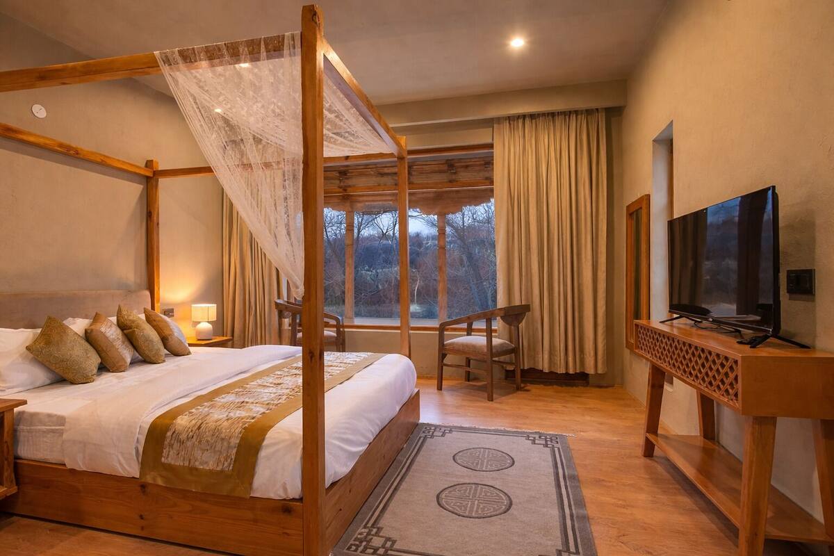A four-poster bed with a canopy, a television on a wooden stand, a chair, and a view of trees through large windows.