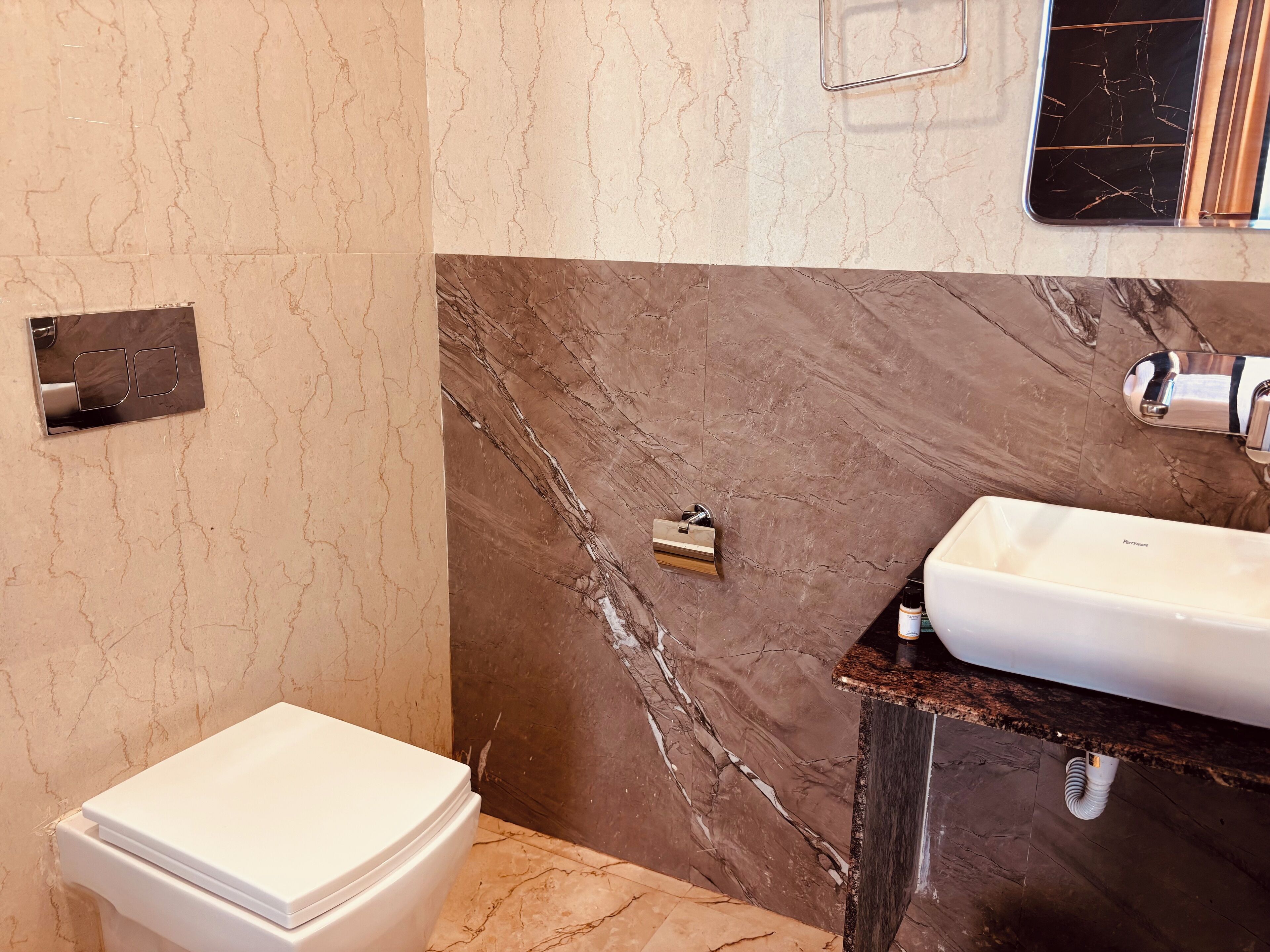 A bathroom with a toilet, a sink, and a marble wall.