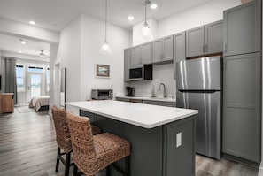 Fridge, microwave, oven, stovetop