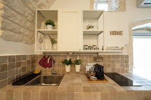 Fridge, microwave, stovetop, coffee/tea maker