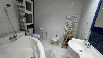 Hair dryer, bidet, towels, soap