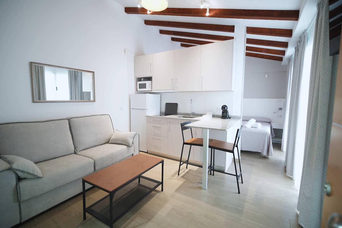 A compact living space with a kitchenette, a sofa, a dining table, and a bed.