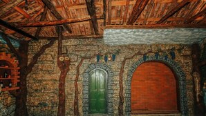 A rustic room with a stone wall, a wooden door, and a brick archway. - Eco cottages (Tsqaltubo)