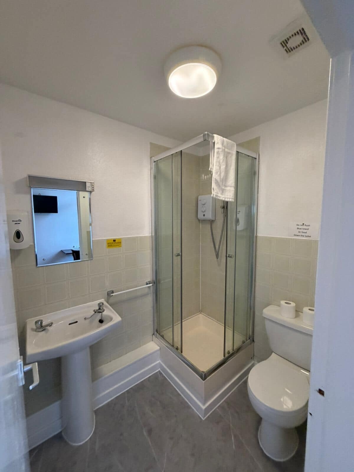 Un baño con cabina de ducha de vidrio, lavabo e inodoro.