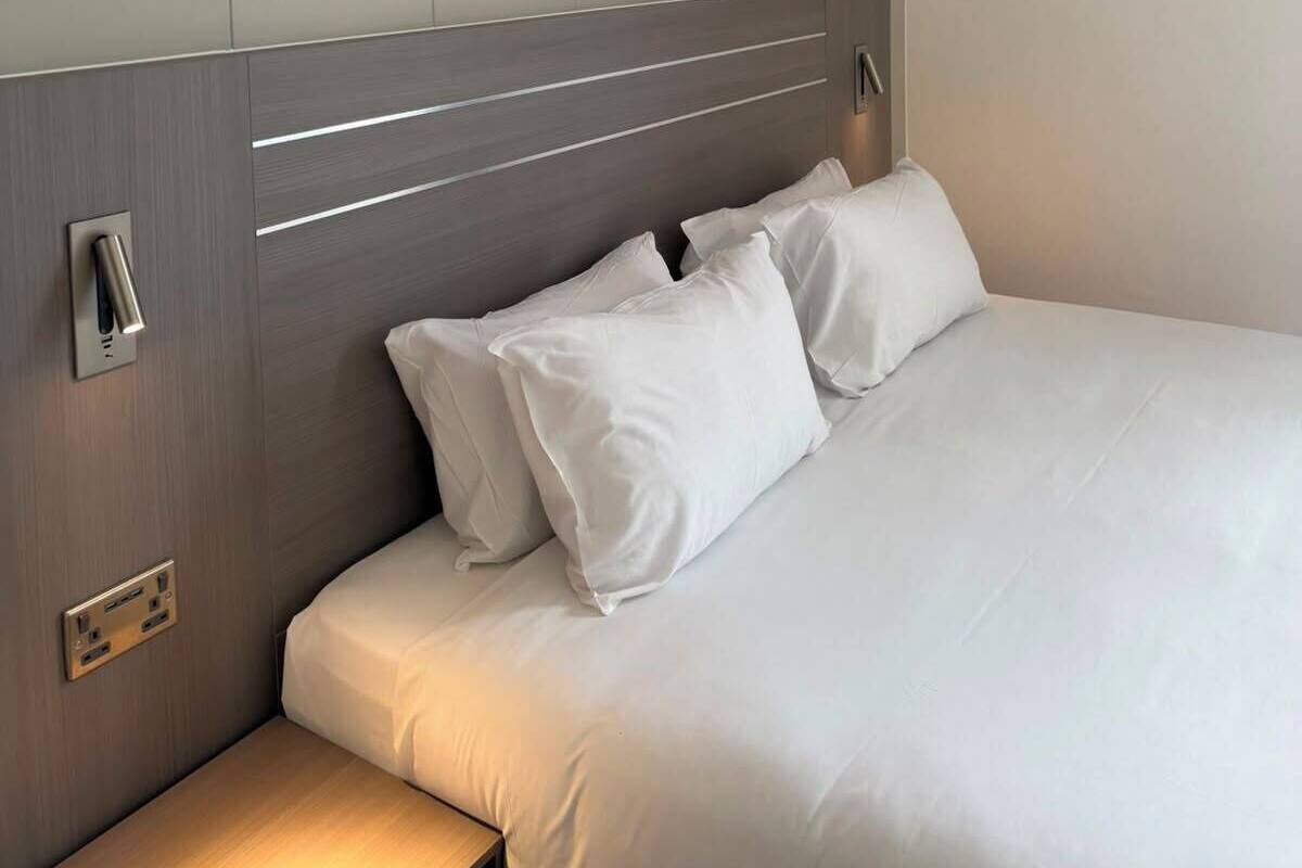 Une chambre d’hôtel équipée d’un lit, d’une table de chevet, d’une lampe fixée au mur et d’une prise électrique.