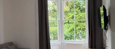 A room with a grey sofa, a wooden table, a TV, and a window with curtains.