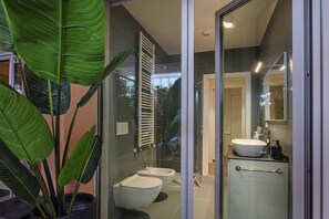 Shower, hair dryer, towels