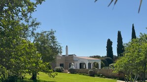 Une maison avec une façade en pierre, des fenêtres en arc de cercle et une cheminée.