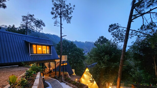 Una casa moderna con techo azul, una escalera que lleva a una terraza y un jardín con un árbol pequeño y un sendero.