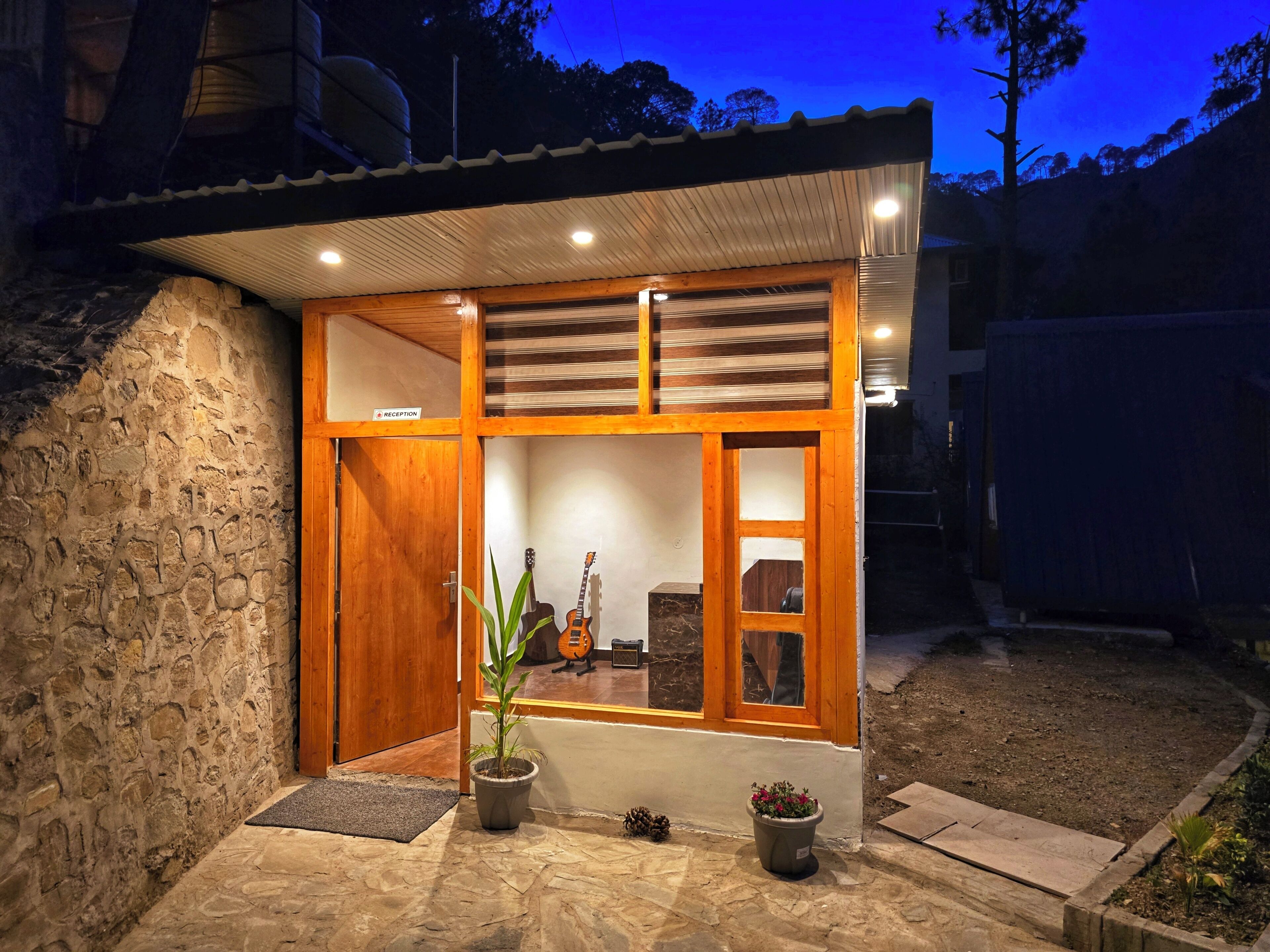 Una casa moderna con área de recepción, paredes de piedra y una planta en maceta en la entrada.
