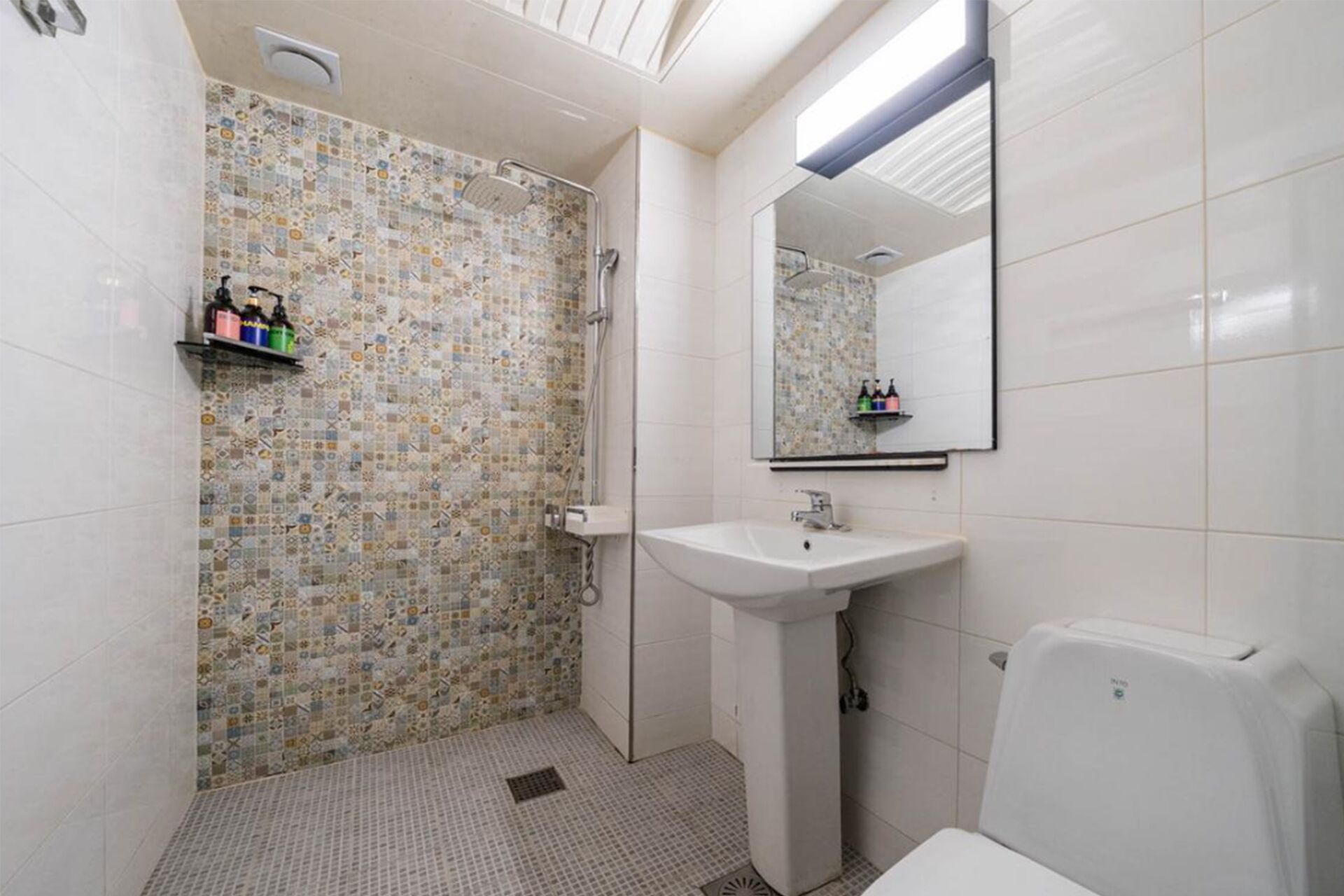 Hair dryer, towels, shampoo, toilet paper