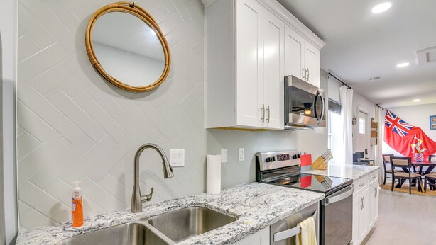 A modern kitchen with white cabinets, a granite countertop, stainless steel sink, and a microwave.