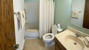 Een badkamer met douche, toilet, wastafel en spiegel.