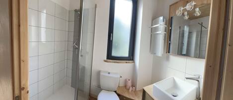 Shower, hair dryer, toilet paper