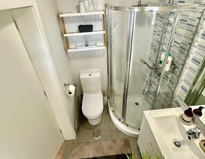 Shower, hair dryer, bidet, towels