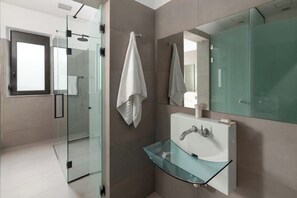 Shower, hair dryer, towels