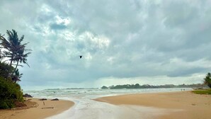 A beach with a sandy shore, palm trees, and a view of the ocean. - Jess Beach Villa (Galle)