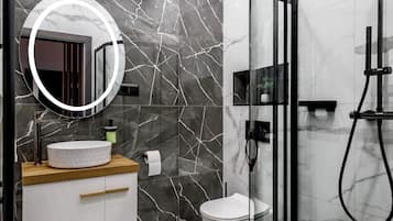 Hair dryer, towels, soap, toilet paper