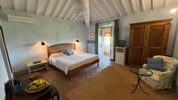 Un dormitorio con cama, mesitas de noche, una silla, televisor y armario.