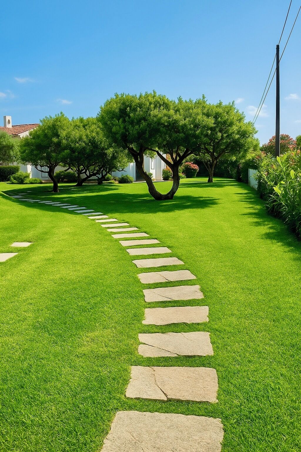 A well-maintained garden with a stone pathway leading through it.