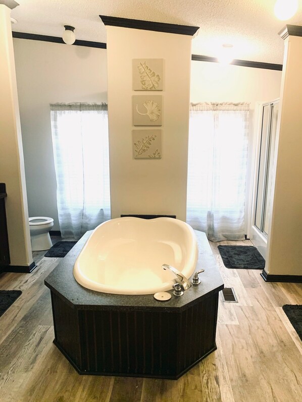 Baignoire à remous, séchoir à cheveux, serviettes fournies