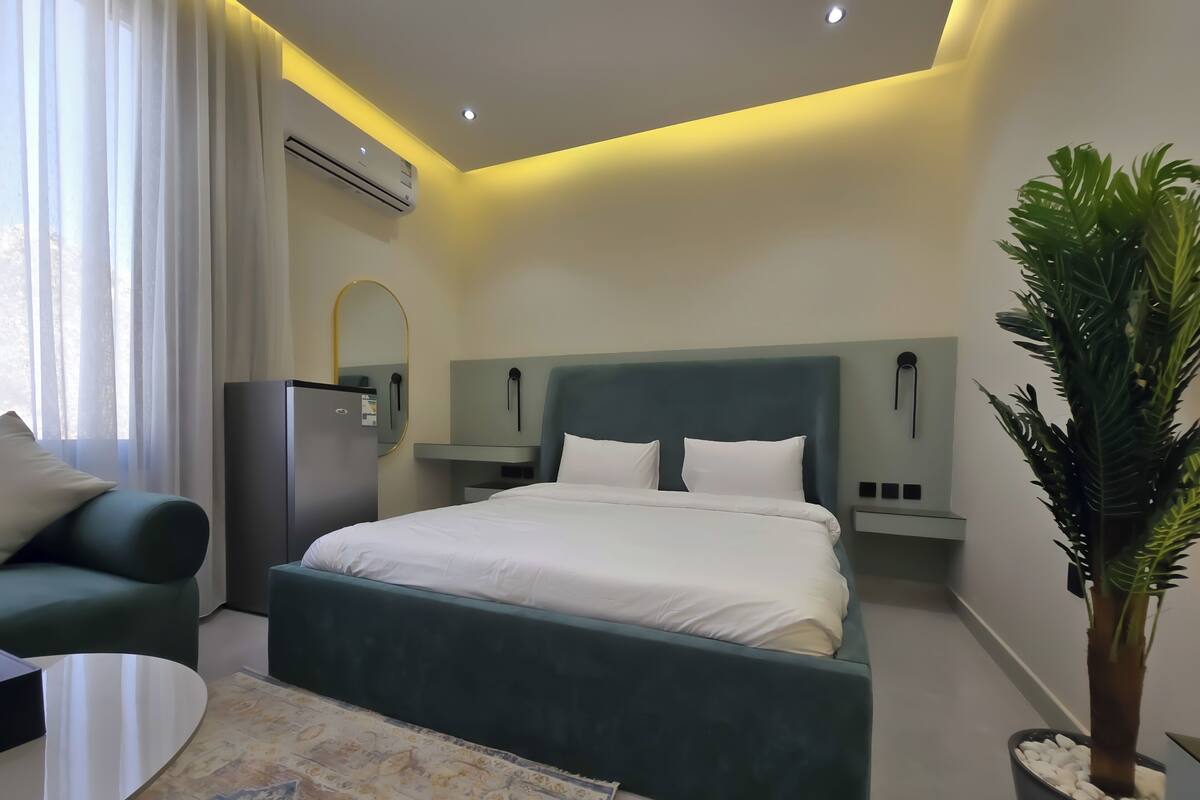 Ein modernes Hotelzimmer mit einem Bett, einer Couch, einem Couchtisch, einer Topfpflanze und einer Klimaanlage.