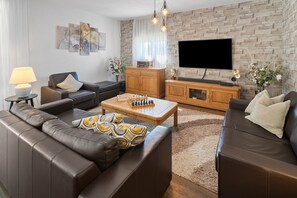 TV, fireplace, video games, foosball