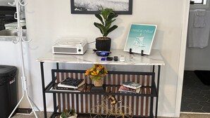 Een kamer met een witte muur, een zwarte metalen console tafel, een potplant, een lijst met een afbeelding en een klein boekenrek.