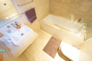Hair dryer, towels, soap, toilet paper