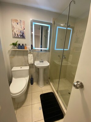 Shower, hair dryer, towels, soap