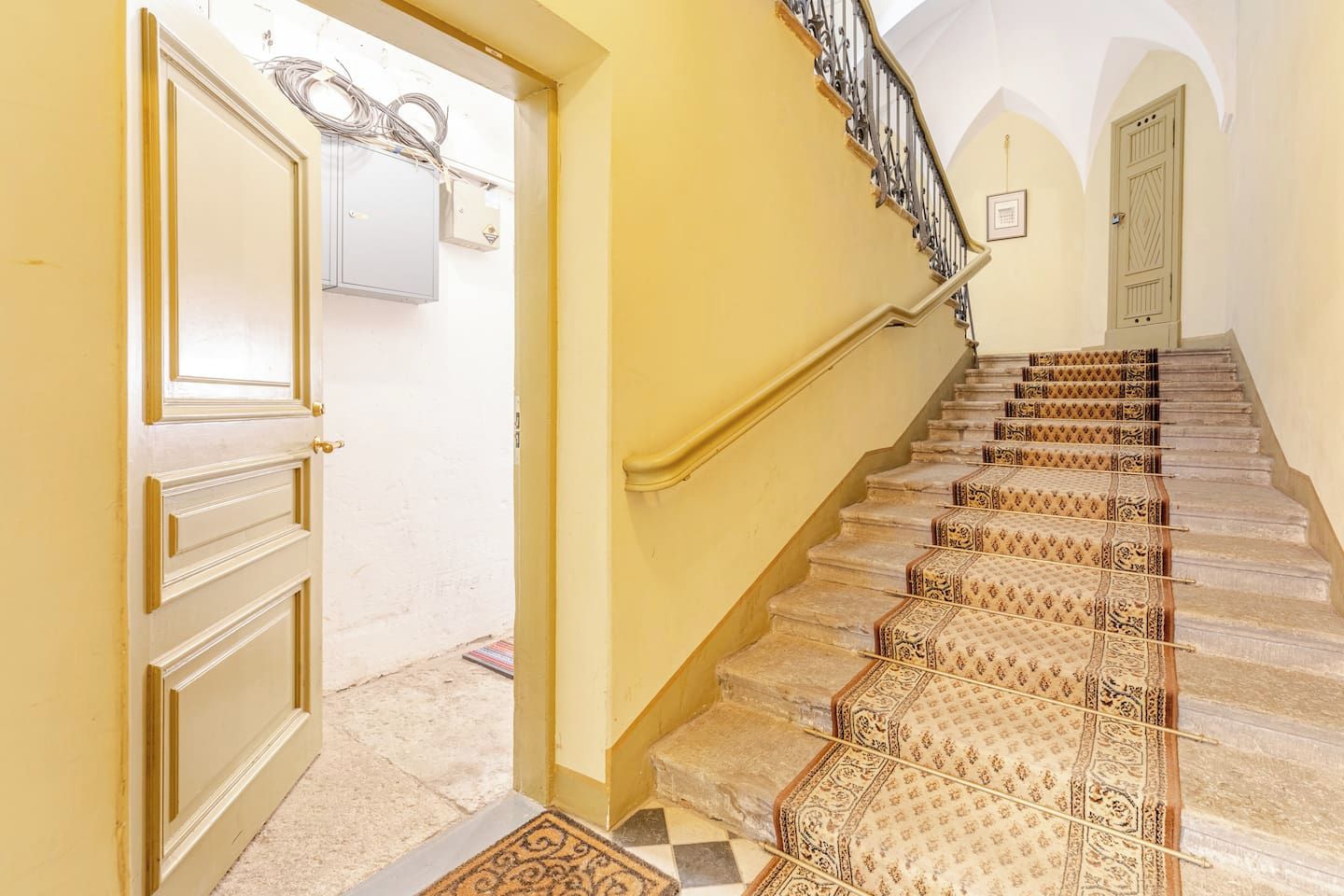 Un escalier recouvert de tapis à motifs, doté d’une main courante et d’une porte donnant sur une pièce contenant des boîtiers électriques et des câbles.