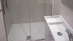 Ducha con paredes de vidrio, un lavabo blanco y un espejo encima.