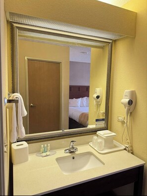 Hair dryer, towels, soap, toilet paper