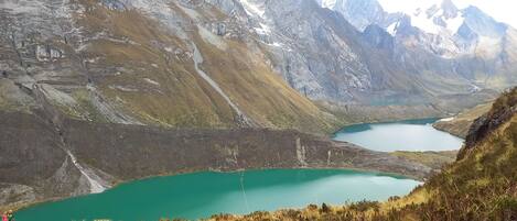 A mountainous landscape with two turquoise lakes and a rocky terrain.