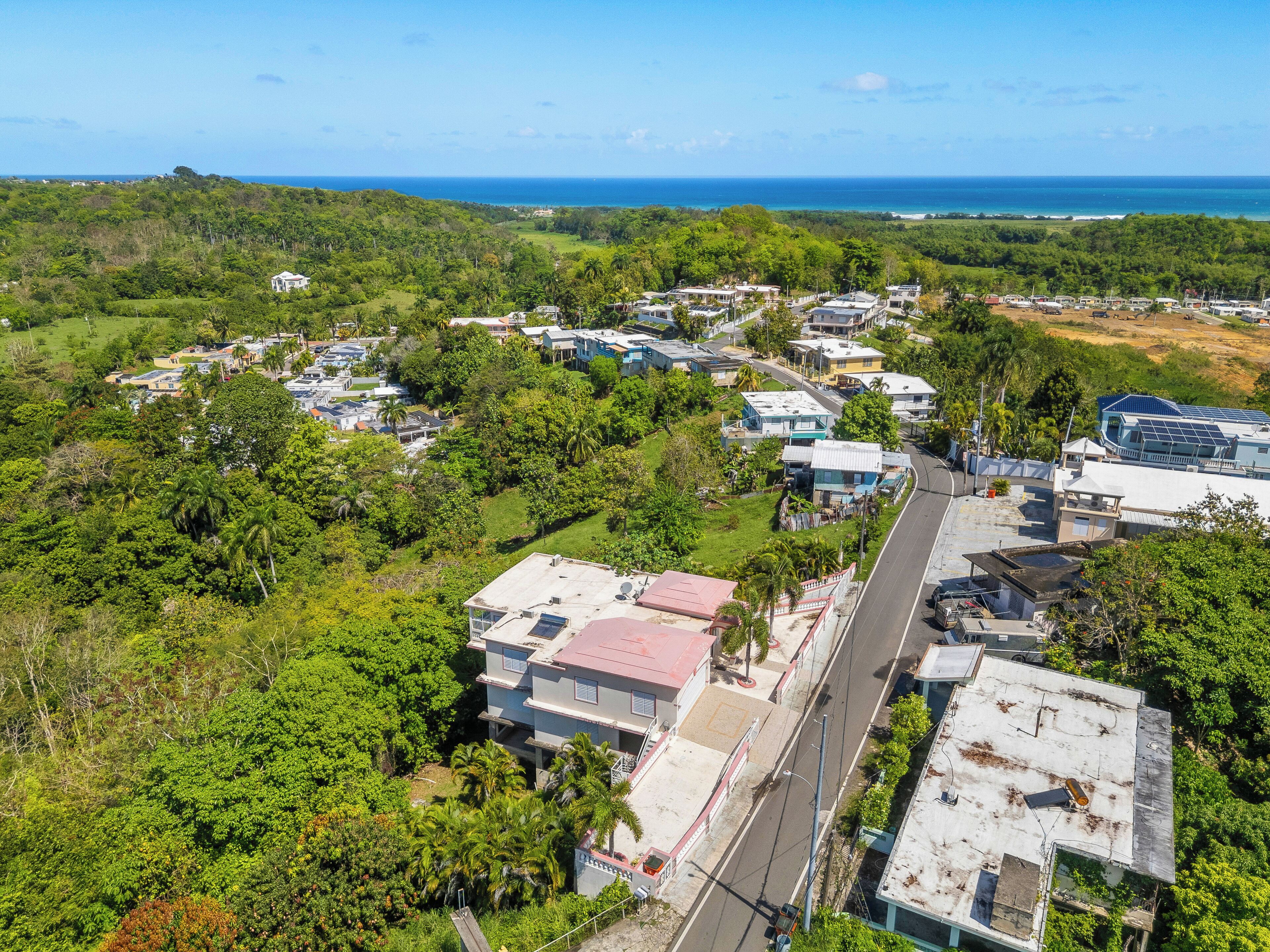 An aerial view of a residential area with houses, a main road, and a beach in the background.